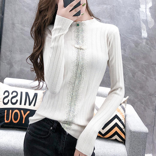 FH-81986秋冬加厚半高领蕾丝镶钻蝴蝶结修身毛衣 商品图1