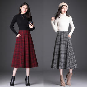 HT  9152毛呢中长款高腰冬季格纹大摆裙