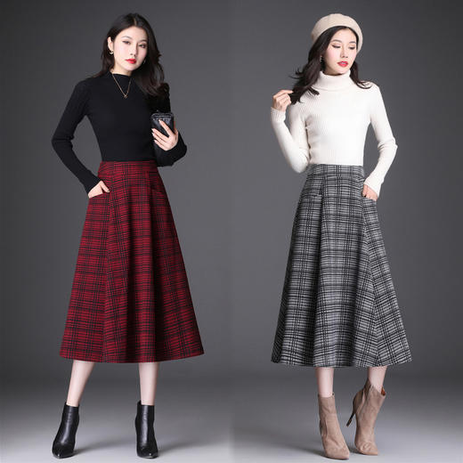 HT  9152毛呢中长款高腰冬季格纹大摆裙 商品图0