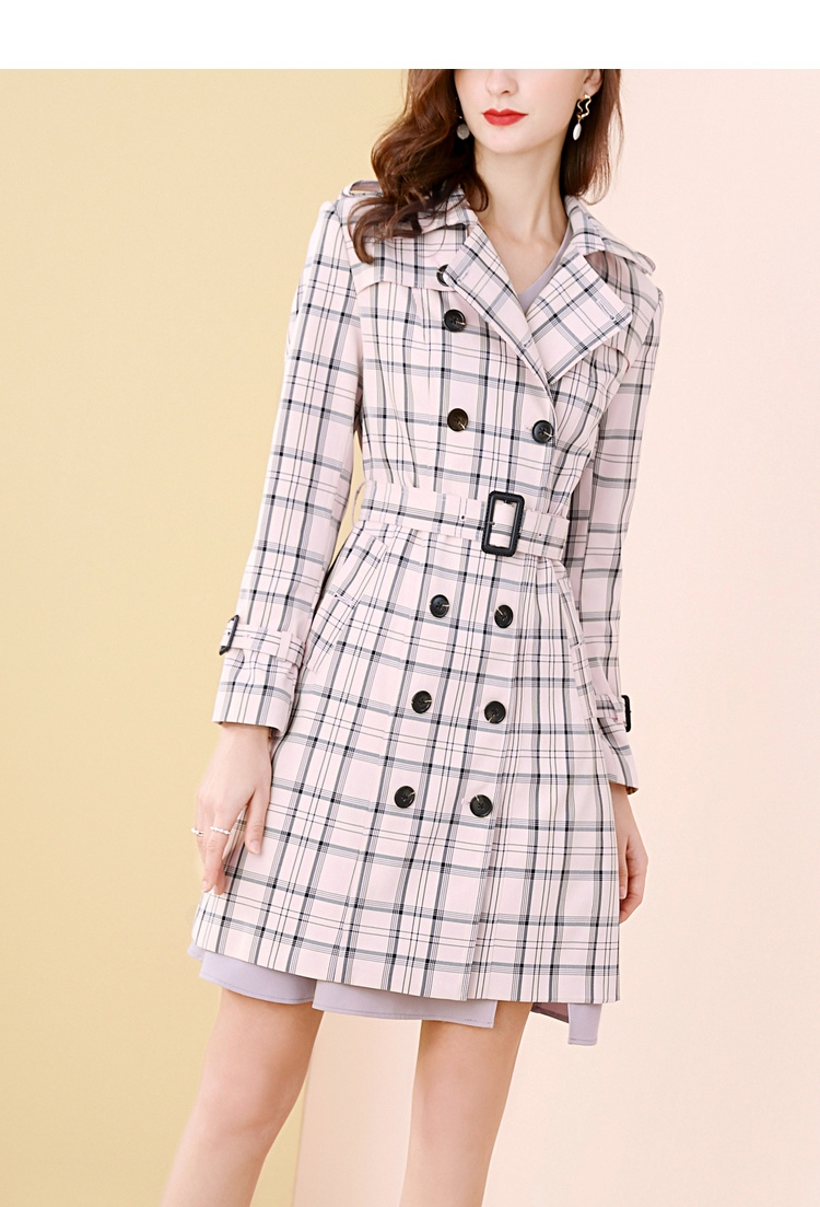 洛诗琳2020春季新品英伦淑女风双排扣格纹风衣外套