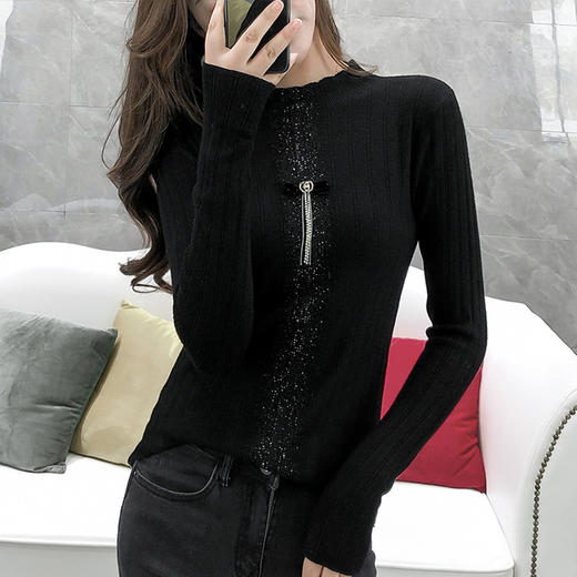 FH-81986秋冬加厚半高领蕾丝镶钻蝴蝶结修身毛衣 商品图2