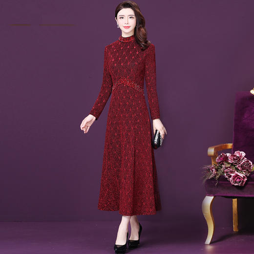 WXY-3999秋季新款时尚气质修身显瘦烫钻宴会贵夫人长袖连衣裙 商品图0