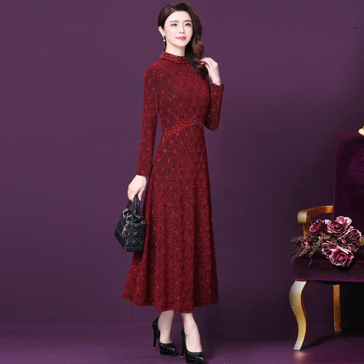 WXY-3999秋季新款时尚气质修身显瘦烫钻宴会贵夫人长袖连衣裙 商品图1