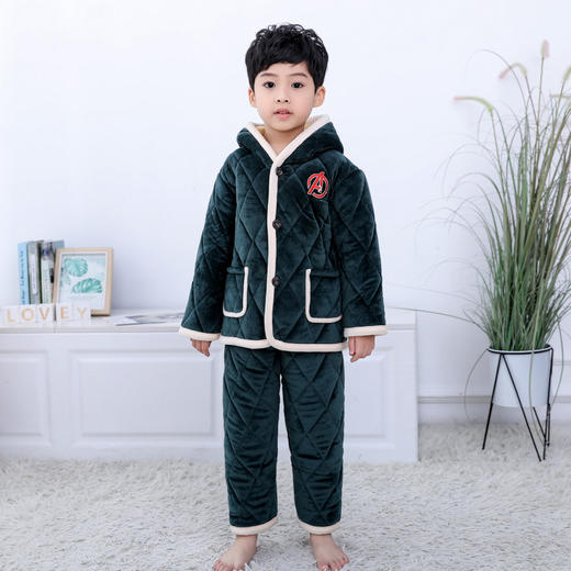 XH-J秋冬新款儿童法兰绒睡衣水晶绒三层夹棉套装 商品图3