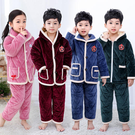 XH-J秋冬新款儿童法兰绒睡衣水晶绒三层夹棉套装 商品图0