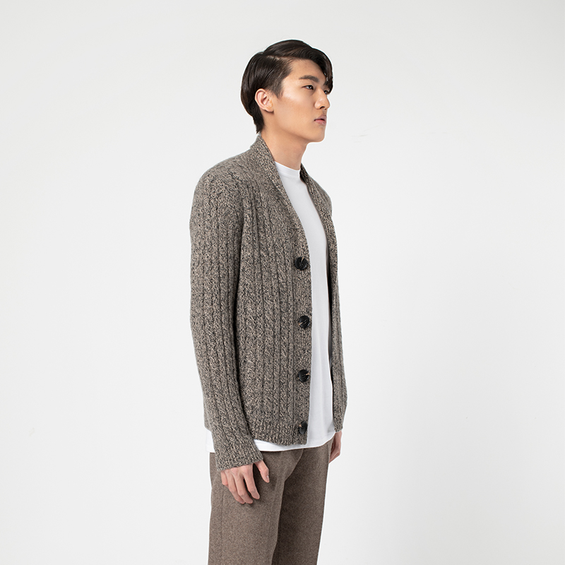 322经典款男士纯山羊绒花纱四粒扣开衫