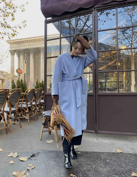 HIDEMI 雾霾蓝山羊绒大衣/腰带立体口袋设计感/高支高克重山羊绒 商品图1