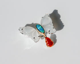 「月光蝴蝶」月光石欧珀红翡胸针【定制款】