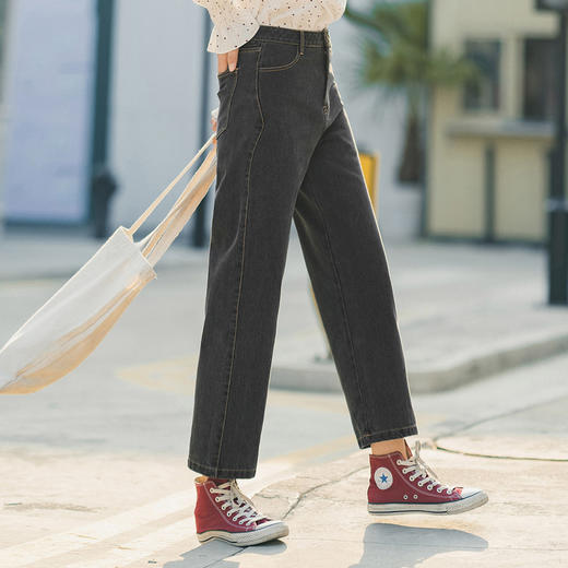 茵曼牛仔裤女2020春装新款文艺黑色高腰宽松直筒显瘦百搭九分裤