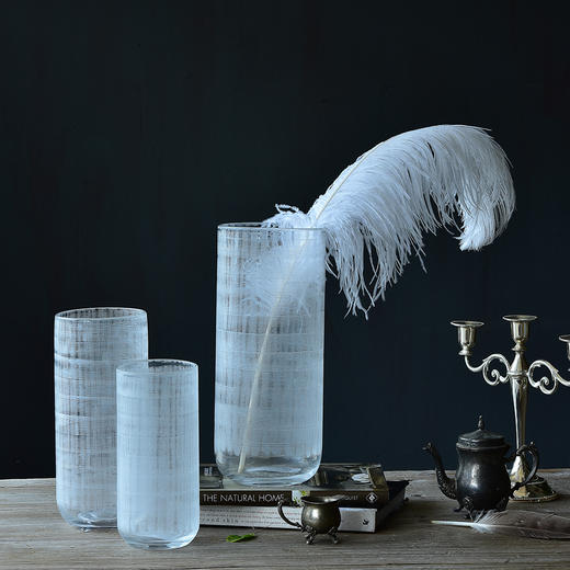 碧轩简约现代白色条纹直筒透明玻璃花瓶 客厅餐桌装饰品摆件 商品图0