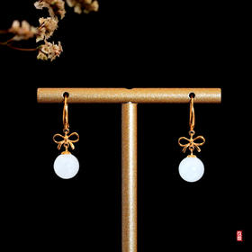 18K玫瑰金和田玉（白玉）玉珠蝴蝶结耳饰 /玉珠8mm/总长25mm