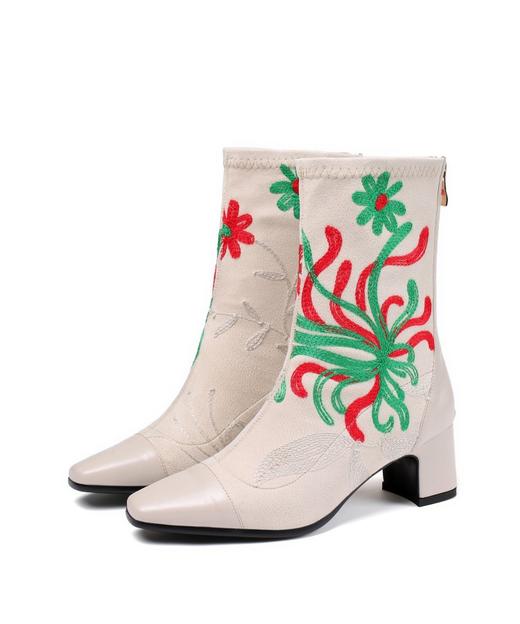 OLD-386-8民族风复古中跟绣花短靴女粗跟圆头女鞋 商品图3