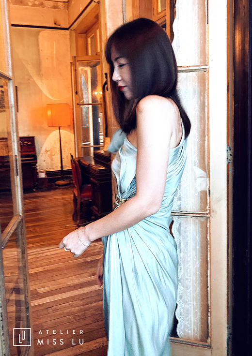 AtelierMissLu / Aphrodite-翡冷翠蓝绿色高腰开叉露肩短款连衣裙 商品图3