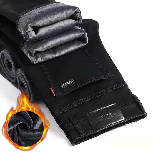 SX-202秋冬男士加绒纯黑牛仔裤弹力宽松直筒百搭休闲长裤 商品图4