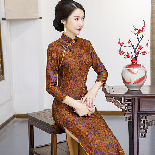 QQ 9298复古立领中式旗袍长款有里衬蕾丝旗袍 商品图0