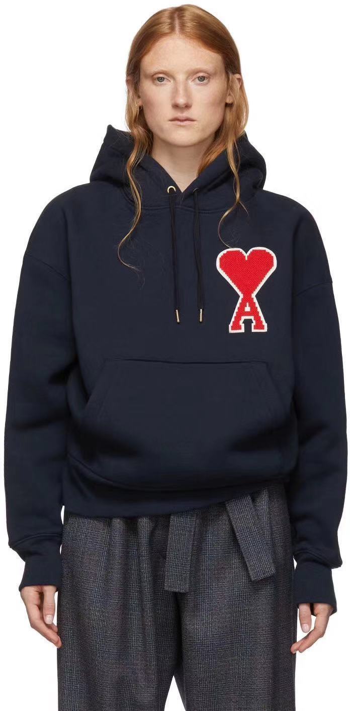 ami法式浪漫爱心刺绣图案纯棉薄绒休闲连帽套头卫衣