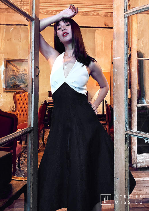 AtelierMissLu /Nemesis-黑白拼色露背性感短款礼服 商品图1