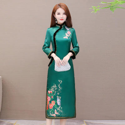 WE WX04 印花加厚保暖气质改良版旗袍裙女2019冬新款复古中国风典雅连衣裙 商品图0