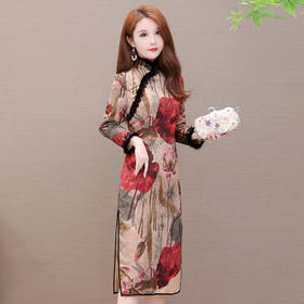 WE WX03 印花加厚保暖气质改良版旗袍裙女2019冬新款复古中国风