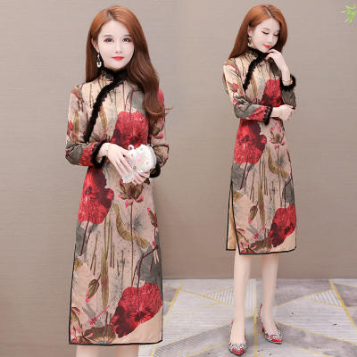 WE WX03 印花加厚保暖气质改良版旗袍裙女2019冬新款复古中国风 商品图1