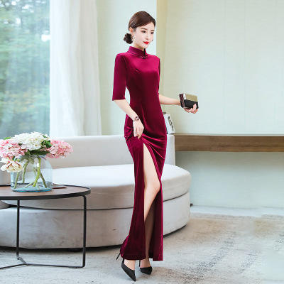 AHM 1181  2020春季金丝绒改良旗袍连衣裙高档礼仪走秀 商品图1