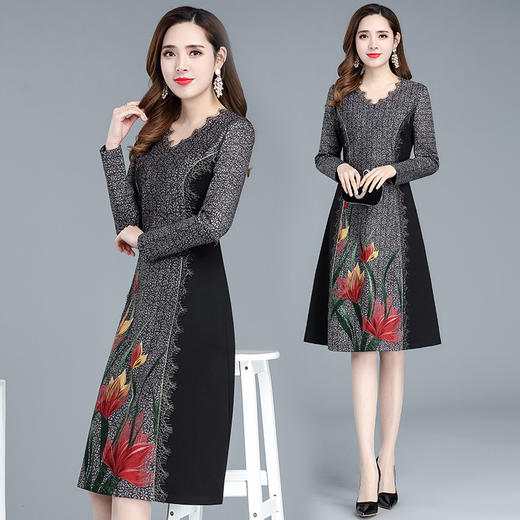 YWE  XZX19D147印花时尚中长款气质修身显瘦裙 商品图0