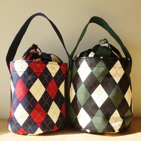 HUGOJIRO圆桶手提包插画英伦菱形格纹