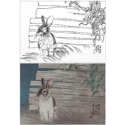 工筆動物白描底稿鄭路迅作品十二生肖兔斗方小品冊頁lx04