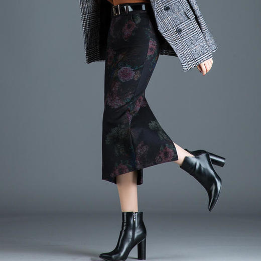 大花一步长裙包臀修身显瘦保暖毛呢后开叉气质半身裙秋冬al9705