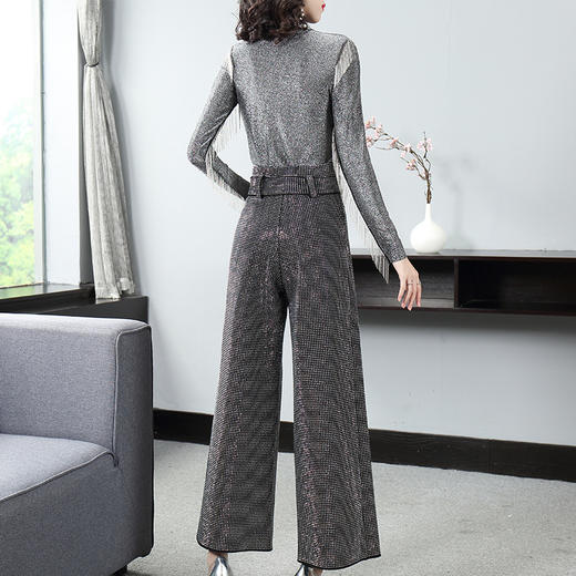 THX-019417005秋冬新款高领长袖流苏上衣+烫钻高腰阔腿裤时尚套装 商品图3