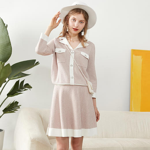 欧芮儿秋装新品两件套V领九分袖外套+半身裙时尚小香风套装 商品图1