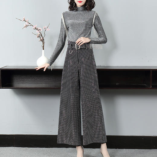 THX-019417005秋冬新款高领长袖流苏上衣+烫钻高腰阔腿裤时尚套装 商品图2