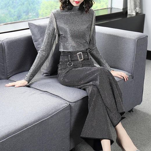 THX-019417005秋冬新款高领长袖流苏上衣+烫钻高腰阔腿裤时尚套装 商品图0