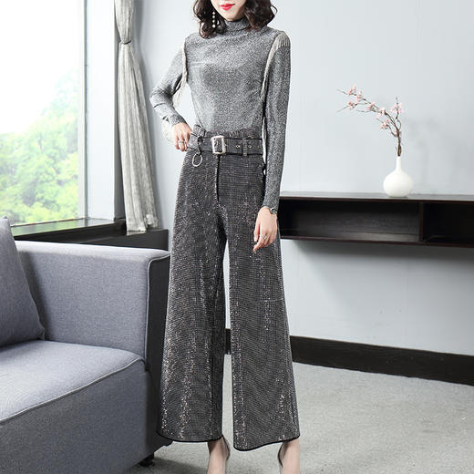 THX-019417005秋冬新款高领长袖流苏上衣+烫钻高腰阔腿裤时尚套装 商品图1