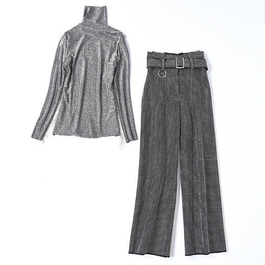 THX-019417005秋冬新款高领长袖流苏上衣+烫钻高腰阔腿裤时尚套装 商品图4