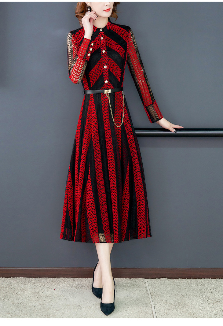 ahmfls2028媛复古显瘦连衣裙女长袖中长款单排扣