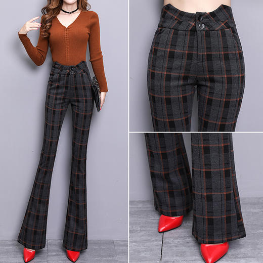HT-7116冬季韩版高腰毛呢格子微喇裤弹力休闲长裤 商品图2