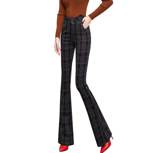 HT-7116冬季韩版高腰毛呢格子微喇裤弹力休闲长裤 商品图4