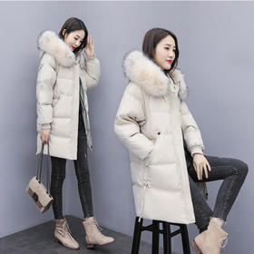 CQYHY209冬季新款中长款加厚chic羽绒棉衣女宽松过膝大毛领棉服外套潮