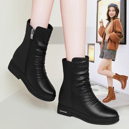 GBL-104GX9冬季新款软皮中筒靴子加绒平底短靴 商品图0