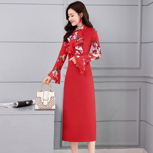 CQ-OKYZ1803冬季中长款单件百搭时尚气质荷叶袖连衣裙 商品图3