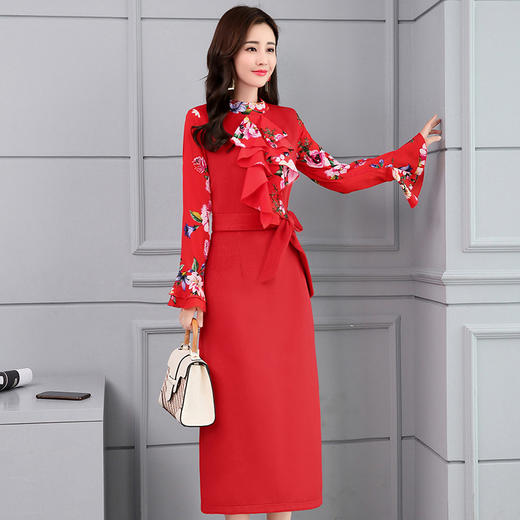 CQ-OKYZ1803冬季中长款单件百搭时尚气质荷叶袖连衣裙 商品图2
