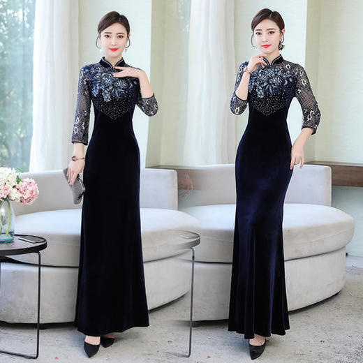 气质高贵大码，丝绒蓝色鱼尾连衣裙HT-FS9361 商品图2