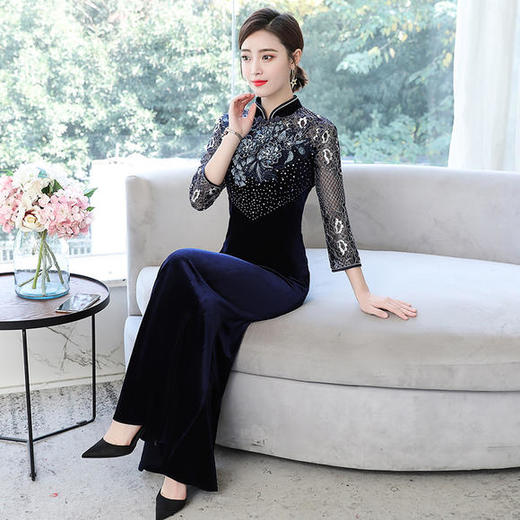 气质高贵大码，丝绒蓝色鱼尾连衣裙HT-FS9361 商品图3