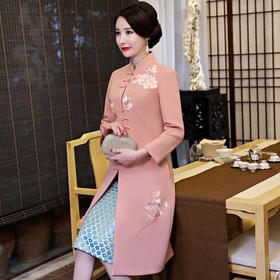 BS-18971899复古中国风象皮绉中长款刺绣旗袍外套