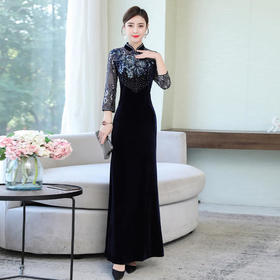 气质高贵大码，丝绒蓝色鱼尾连衣裙HT-FS9361