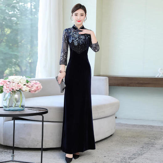 气质高贵大码，丝绒蓝色鱼尾连衣裙HT-FS9361 商品图0