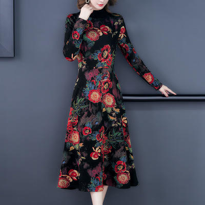 AHM 9393  2019秋冬过膝阔太太连衣裙女新款民族风 商品图0