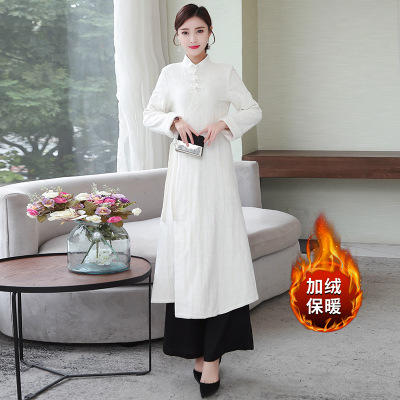 F 6121 秋冬加绒中式改良汉服复古棉麻提花旗袍连衣裙 商品图2