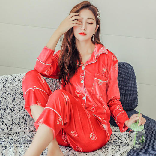 QYSY-268冬季新品开衫翻领韩版加厚金丝绒清新家居服睡衣套装 商品图0